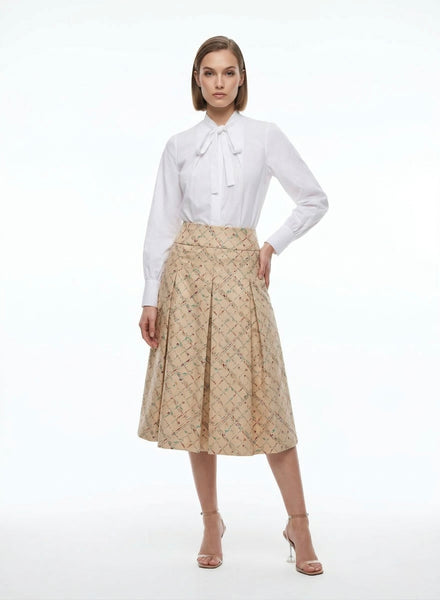 The GIGI - Full Pleated Drop-Waist Skirt (Tan Multi Color)