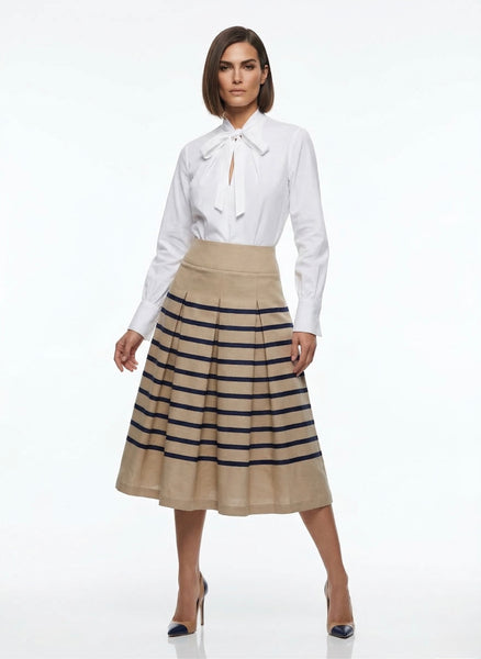 The GIGI - Full Pleated Drop-Waist Skirt (Blue & Tan Stripe)