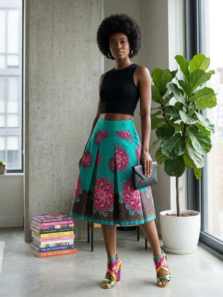The GIGI - Full Pleated Drop-Waist Skirt (Turquoise Floral)