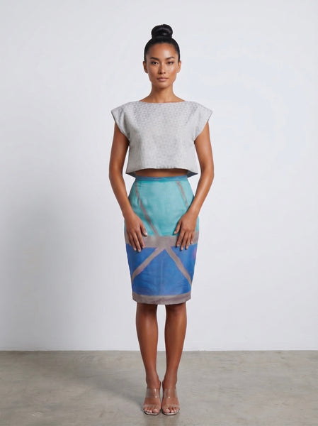 GEO BLUES PENCIL SKIRT