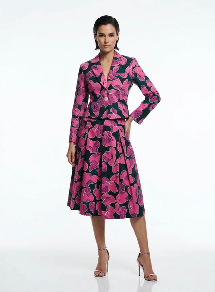 The GIGI - Full Pleated Drop-Waist Skirt (Dark Green & Pink Floral)