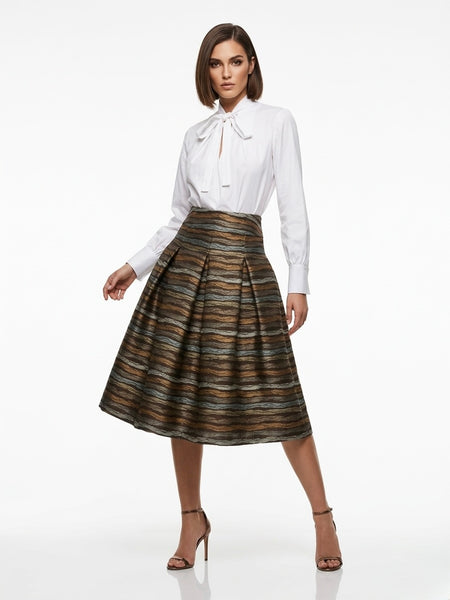 The GIGI - Full Pleated Drop-Waist Skirt (Brown Geo)