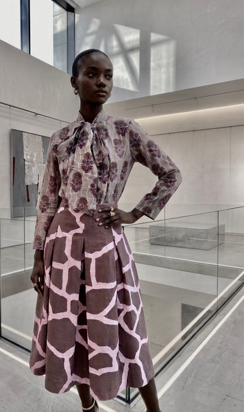 The GIGI - Full Pleated Drop-Waist Skirt (Pink & Brown Geo)