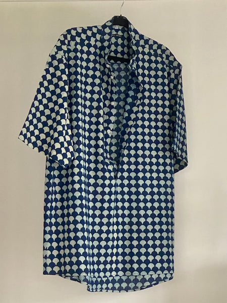 Indigo Block Print Banded Collar Placket Shirt (SS)